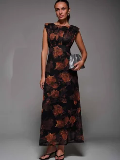 Slash Neck Fit & Flare Mesh Maxi Dress, Amber Abstract