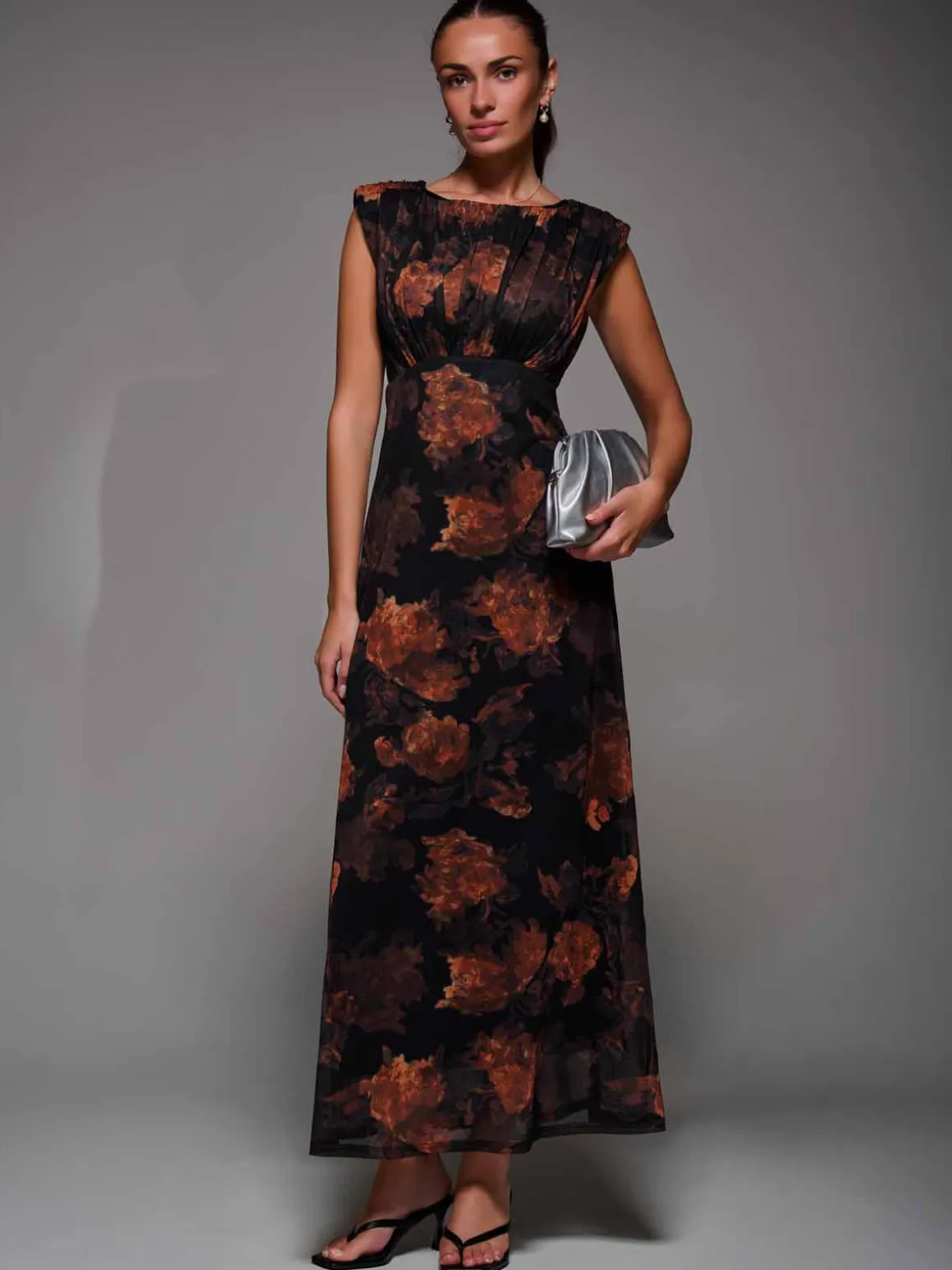 Slash Neck Fit & Flare Mesh Maxi Dress, Amber Abstract