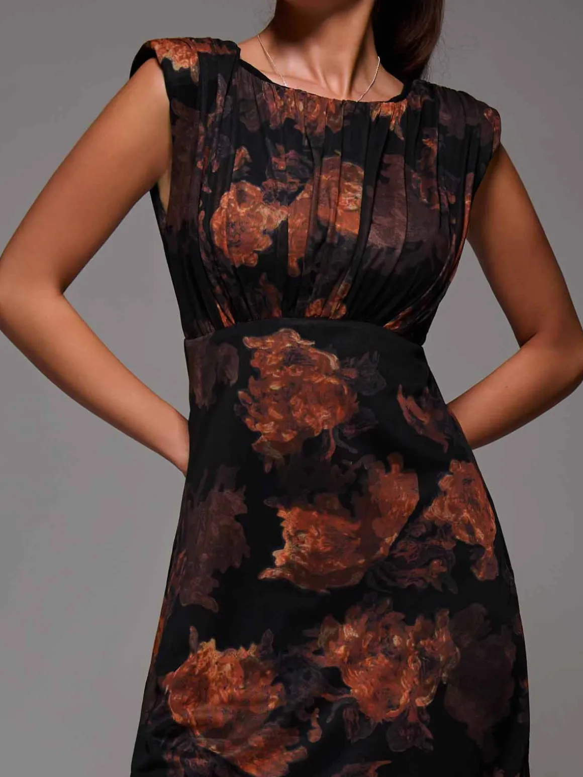 Slash Neck Fit & Flare Mesh Maxi Dress, Amber Abstract