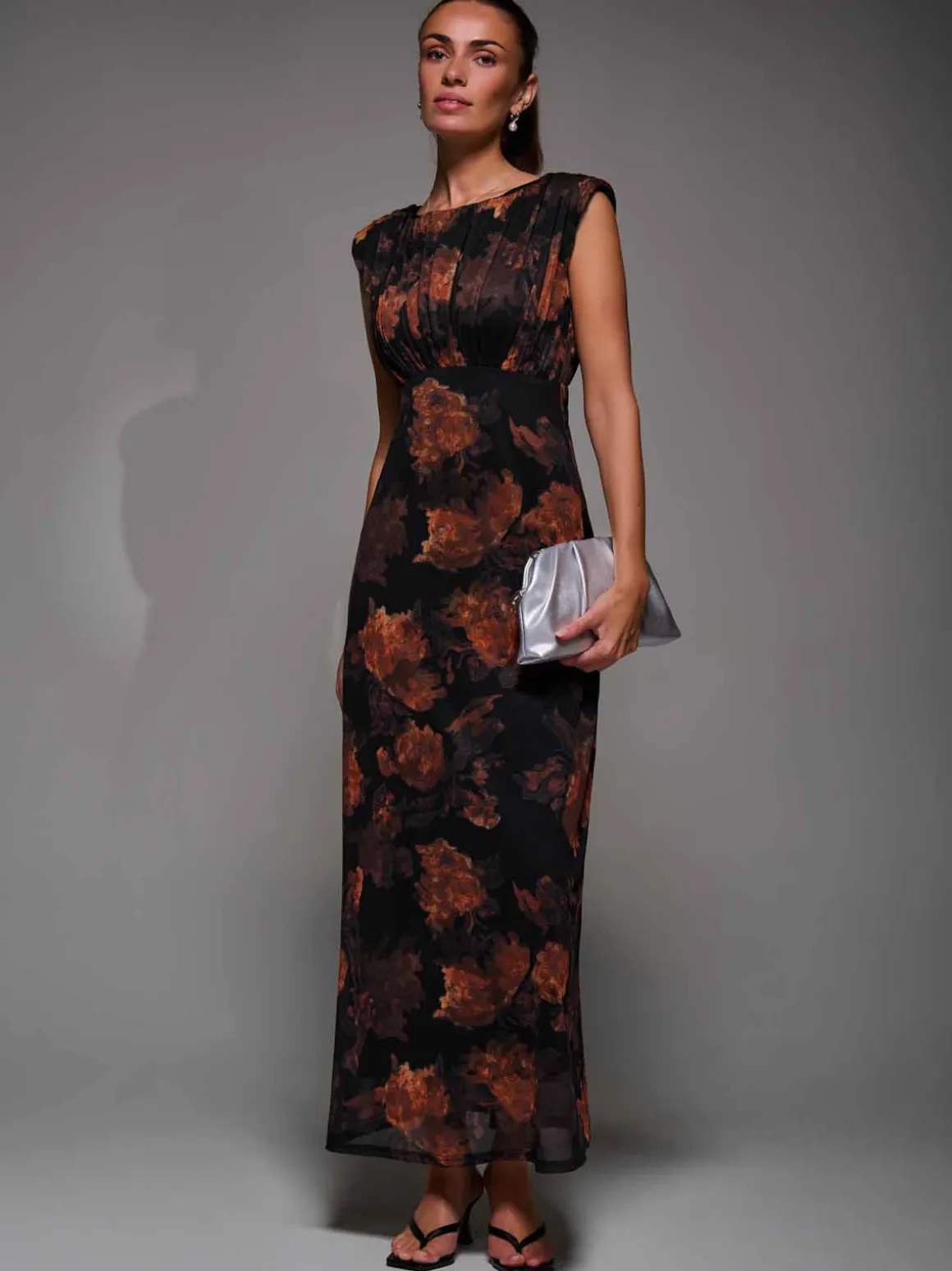 Slash Neck Fit & Flare Mesh Maxi Dress, Amber Abstract