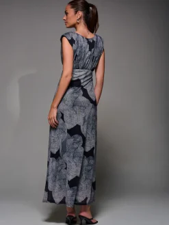 Slash Neck Fit & Flare Mesh Maxi Dress, Black Abstract