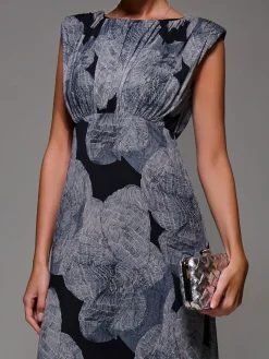 Slash Neck Fit & Flare Mesh Maxi Dress, Black Abstract