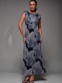 Slash Neck Fit & Flare Mesh Maxi Dress, Black Abstract
