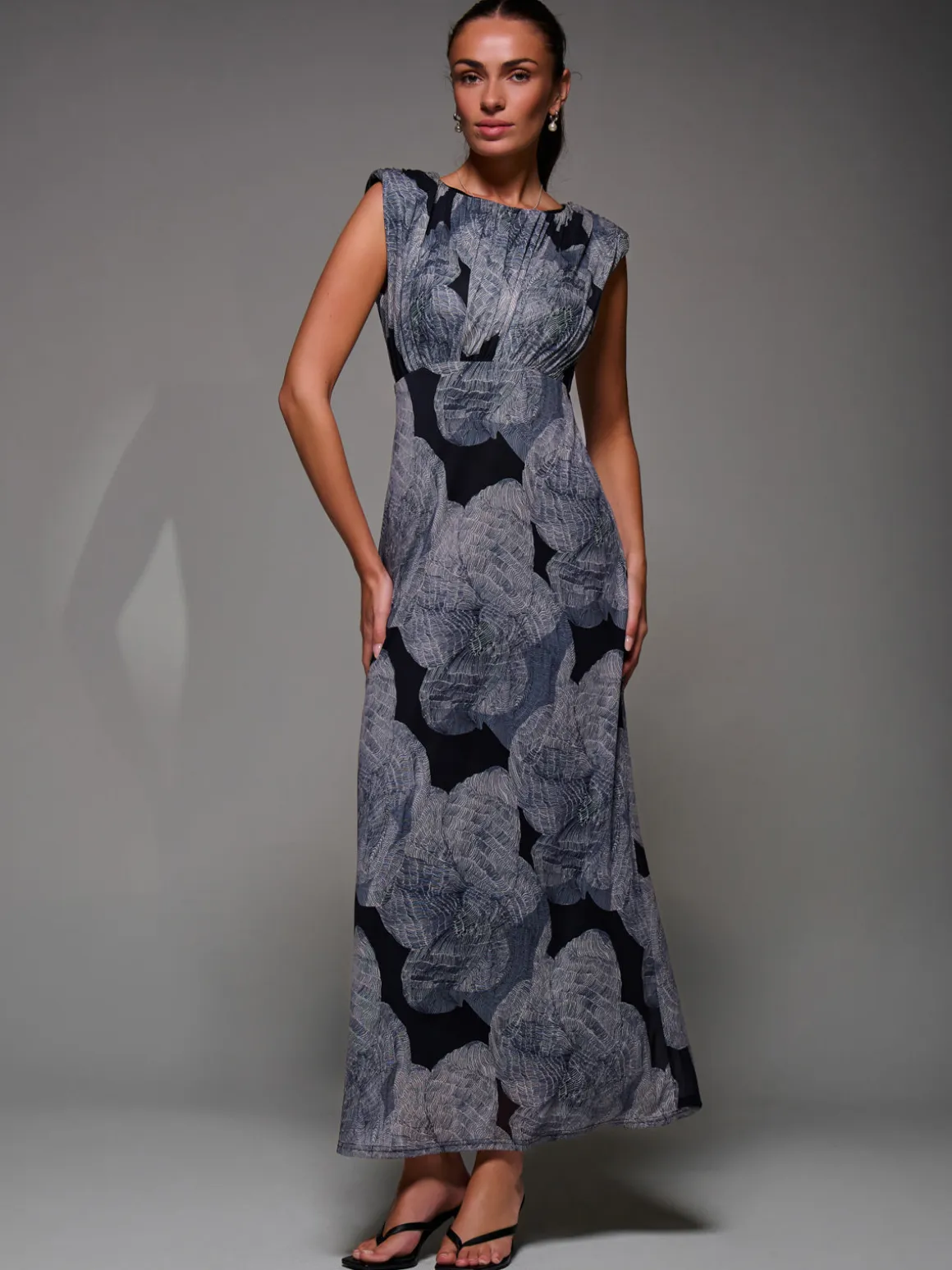 Slash Neck Fit & Flare Mesh Maxi Dress, Black Abstract