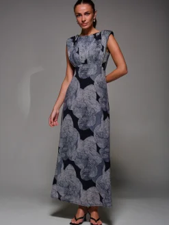Slash Neck Fit & Flare Mesh Maxi Dress, Black Abstract