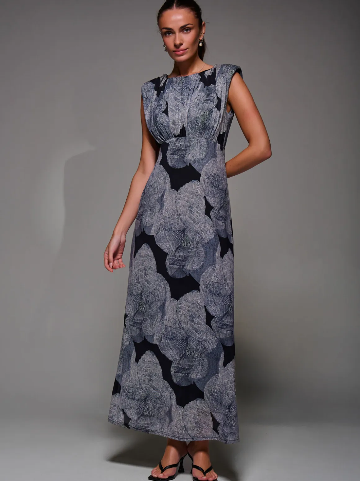 Slash Neck Fit & Flare Mesh Maxi Dress, Black Abstract
