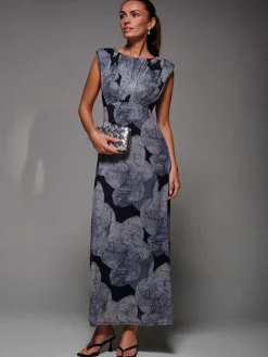 Slash Neck Fit & Flare Mesh Maxi Dress, Black Abstract