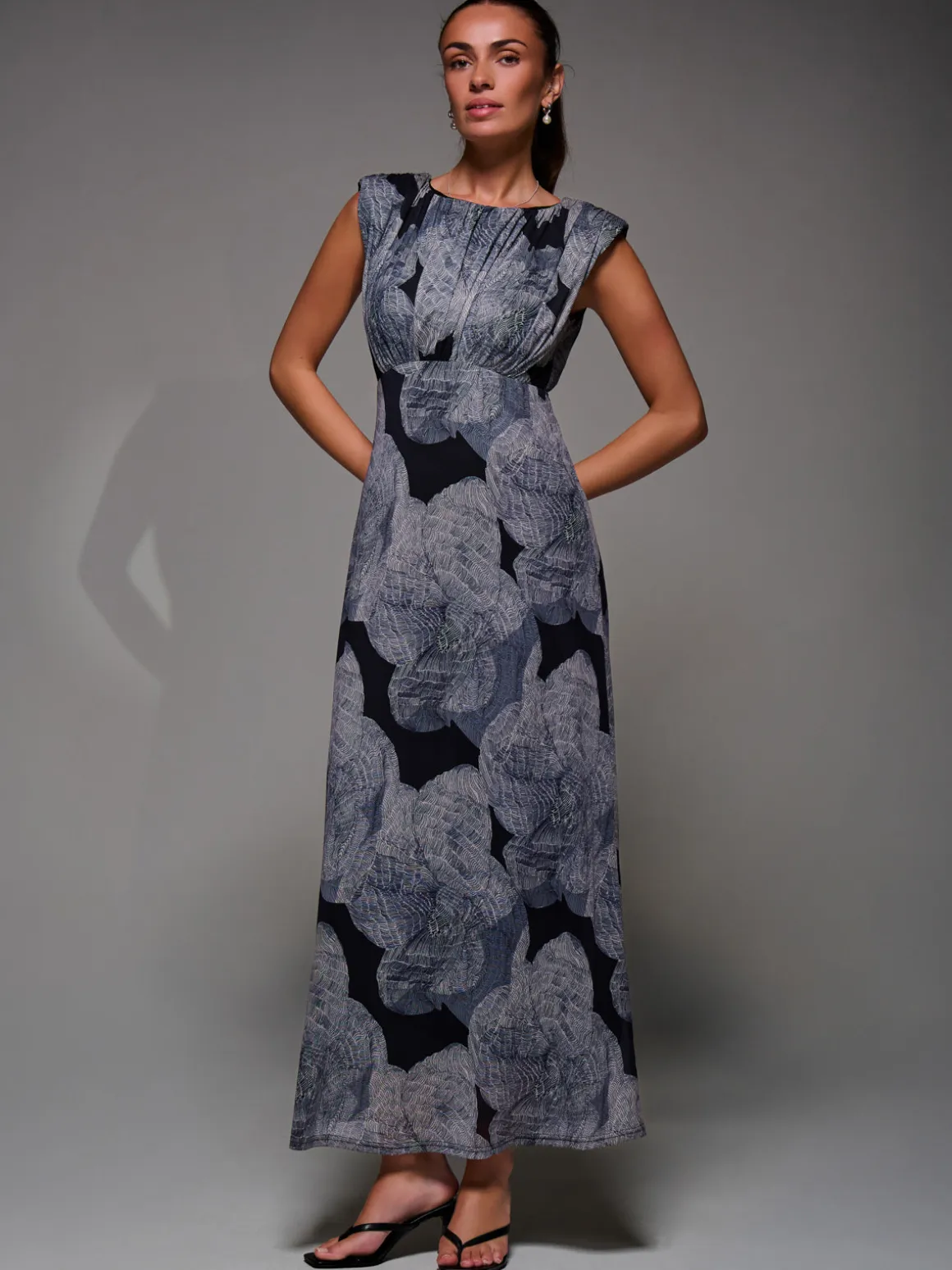 Slash Neck Fit & Flare Mesh Maxi Dress, Black Abstract