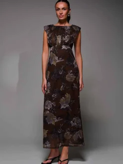 Slash Neck Fit & Flare Mesh Maxi Dress Brown Abstract