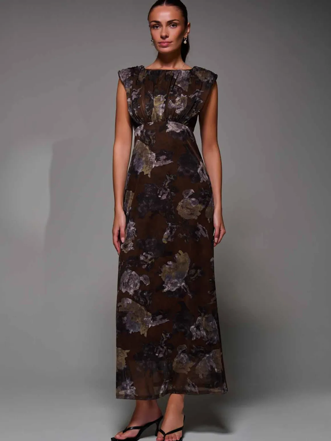 Slash Neck Fit & Flare Mesh Maxi Dress Brown Abstract