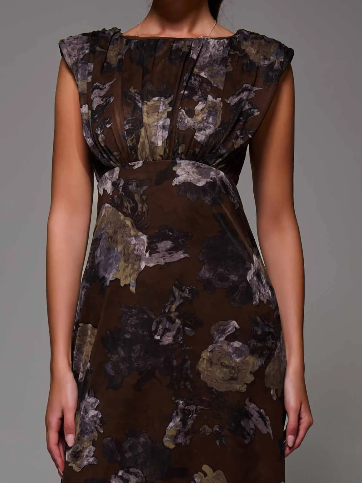 Slash Neck Fit & Flare Mesh Maxi Dress Brown Abstract