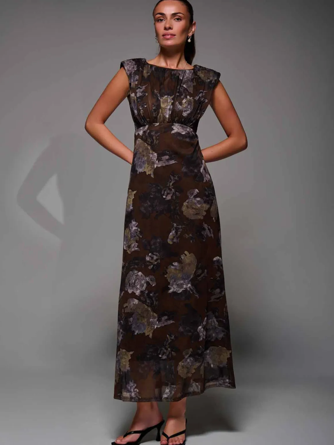 Slash Neck Fit & Flare Mesh Maxi Dress Brown Abstract