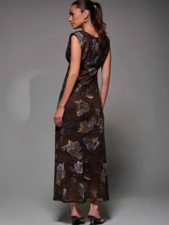 Slash Neck Fit & Flare Mesh Maxi Dress Brown Abstract