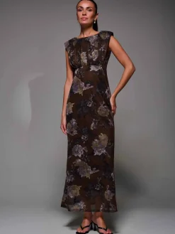 Slash Neck Fit & Flare Mesh Maxi Dress Brown Abstract