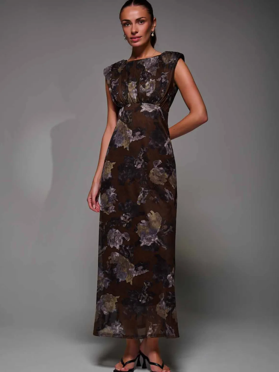 Slash Neck Fit & Flare Mesh Maxi Dress Brown Abstract