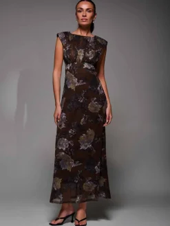 Slash Neck Fit & Flare Mesh Maxi Dress Brown Abstract