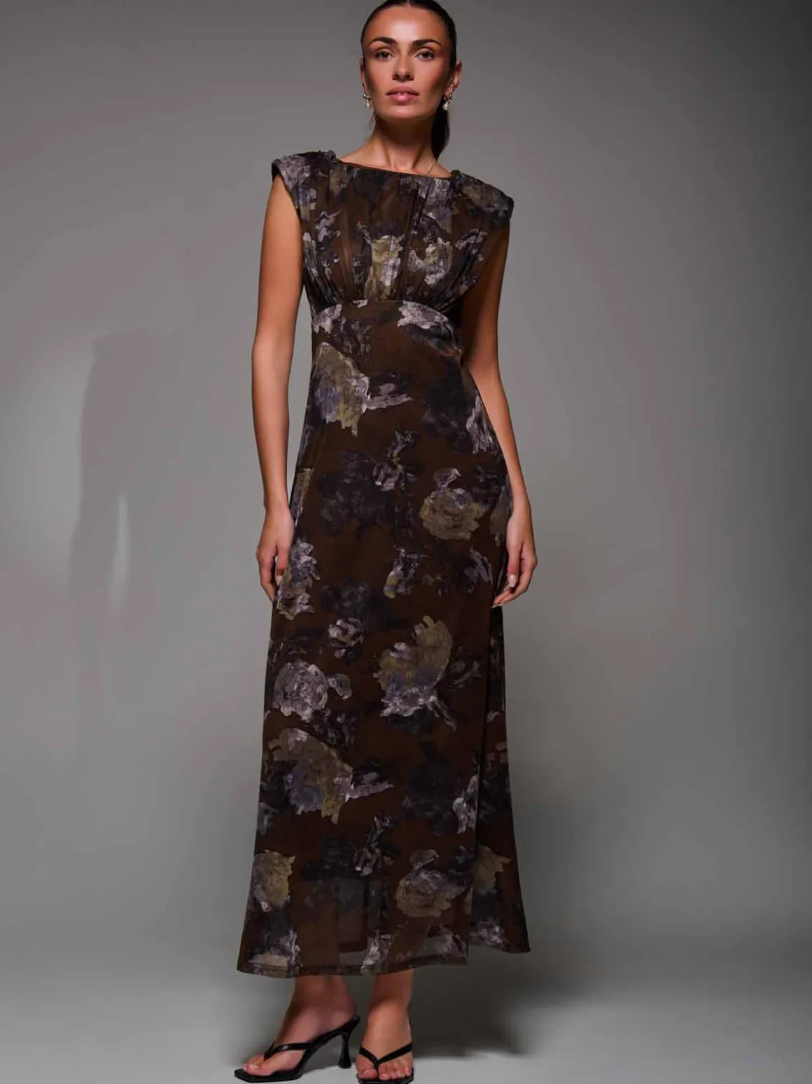 Slash Neck Fit & Flare Mesh Maxi Dress Brown Abstract