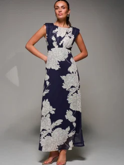 Slash Neck Fit & Flare Mesh Maxi Dress, Navy Floral