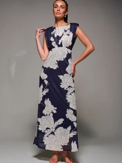 Slash Neck Fit & Flare Mesh Maxi Dress, Navy Floral