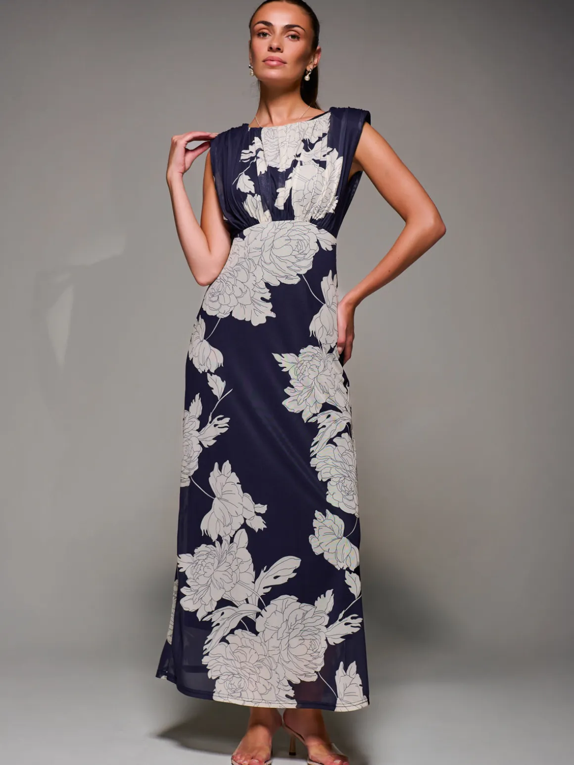 Slash Neck Fit & Flare Mesh Maxi Dress, Navy Floral