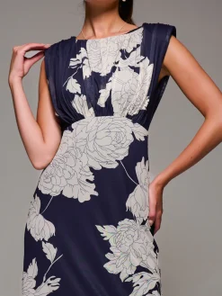 Slash Neck Fit & Flare Mesh Maxi Dress, Navy Floral