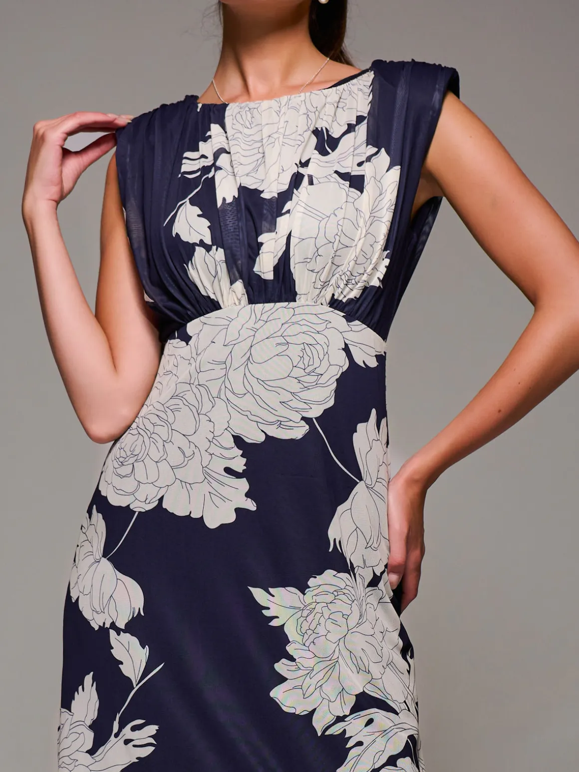 Slash Neck Fit & Flare Mesh Maxi Dress, Navy Floral