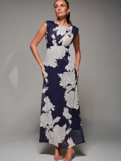 Slash Neck Fit & Flare Mesh Maxi Dress, Navy Floral