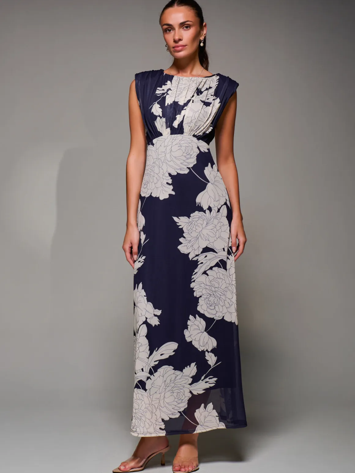 Slash Neck Fit & Flare Mesh Maxi Dress, Navy Floral