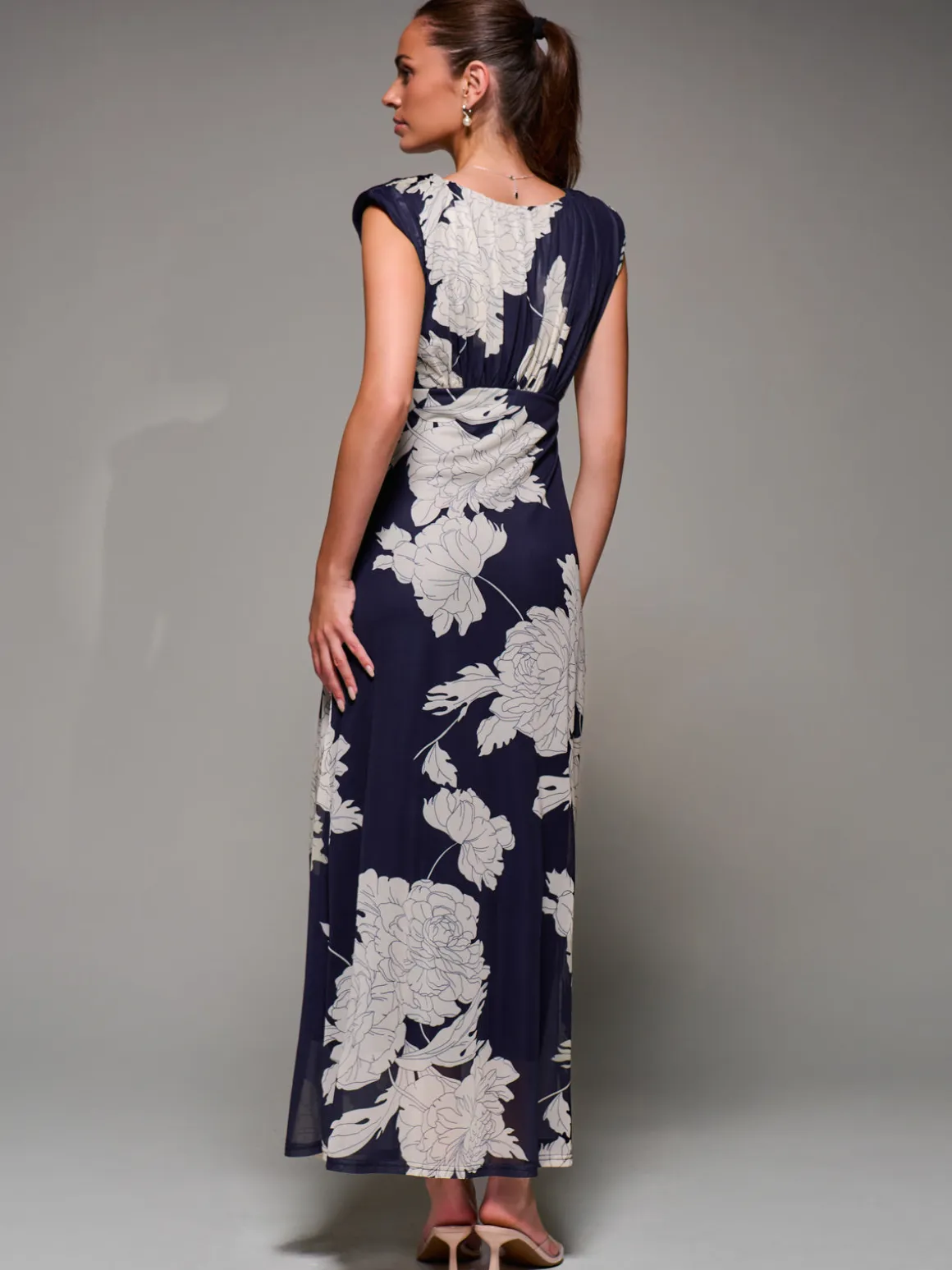 Slash Neck Fit & Flare Mesh Maxi Dress, Navy Floral