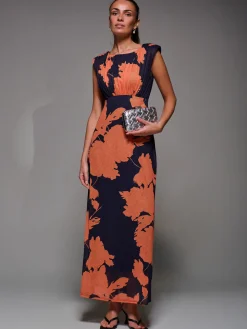 Slash Neck Fit & Flare Mesh Maxi Dress, Orange Floral