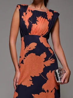 Slash Neck Fit & Flare Mesh Maxi Dress, Orange Floral