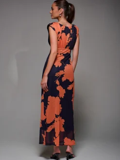 Slash Neck Fit & Flare Mesh Maxi Dress, Orange Floral