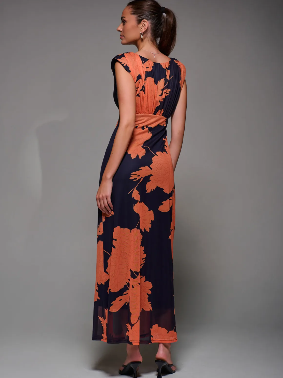 Slash Neck Fit & Flare Mesh Maxi Dress, Orange Floral