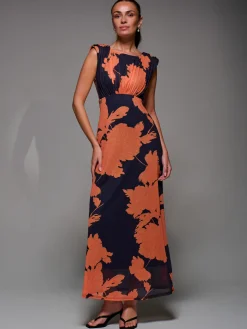 Slash Neck Fit & Flare Mesh Maxi Dress, Orange Floral
