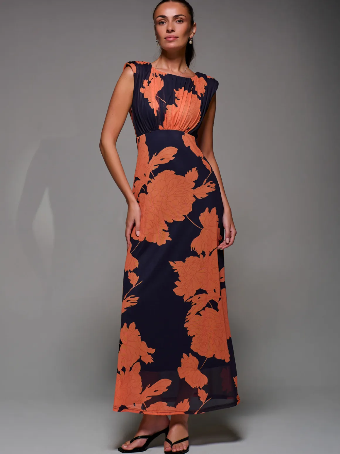 Slash Neck Fit & Flare Mesh Maxi Dress, Orange Floral