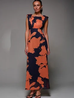 Slash Neck Fit & Flare Mesh Maxi Dress, Orange Floral