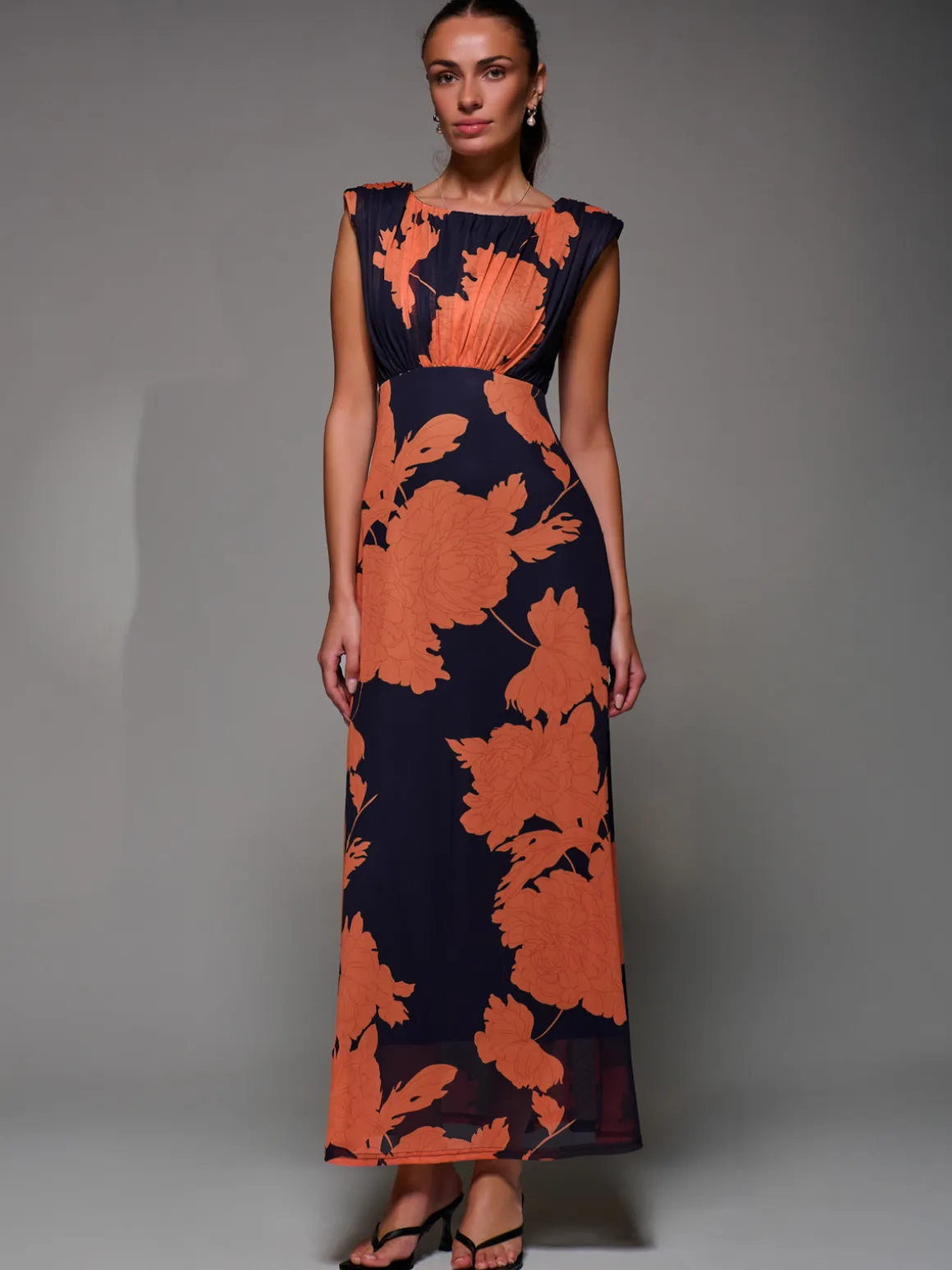 Slash Neck Fit & Flare Mesh Maxi Dress, Orange Floral