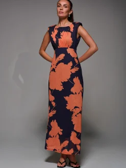Slash Neck Fit & Flare Mesh Maxi Dress, Orange Floral