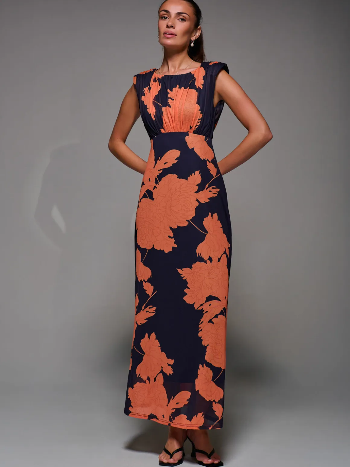 Slash Neck Fit & Flare Mesh Maxi Dress, Orange Floral