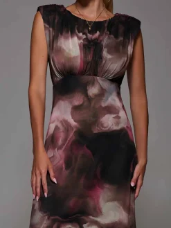 Slash Neck Fit & Flare Mesh Maxi Dress Pink Abstract
