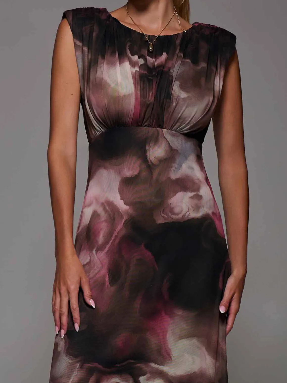 Slash Neck Fit & Flare Mesh Maxi Dress Pink Abstract