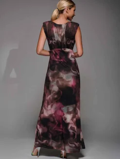 Slash Neck Fit & Flare Mesh Maxi Dress Pink Abstract