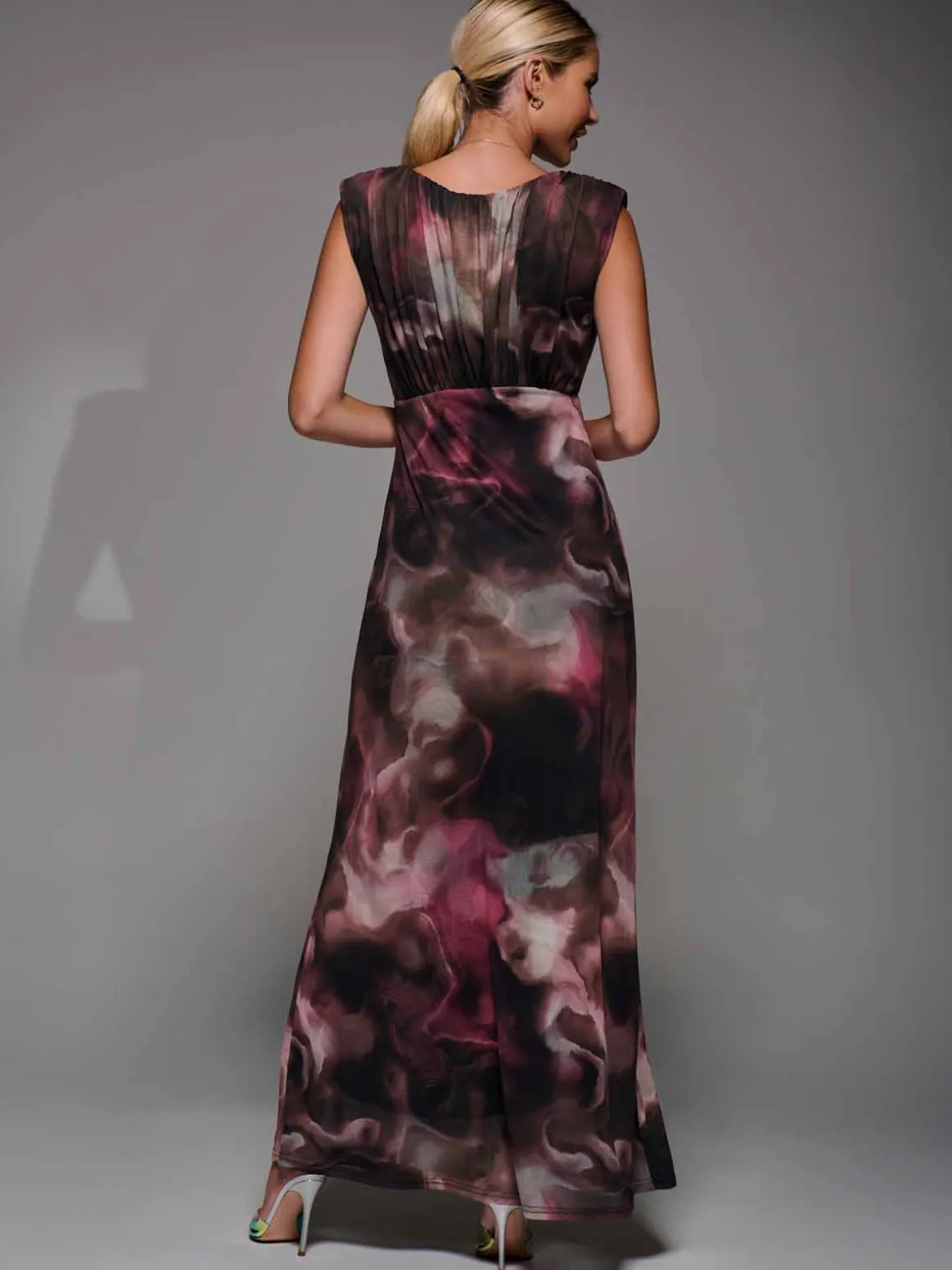 Slash Neck Fit & Flare Mesh Maxi Dress Pink Abstract