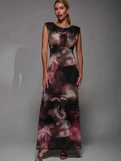 Slash Neck Fit & Flare Mesh Maxi Dress Pink Abstract