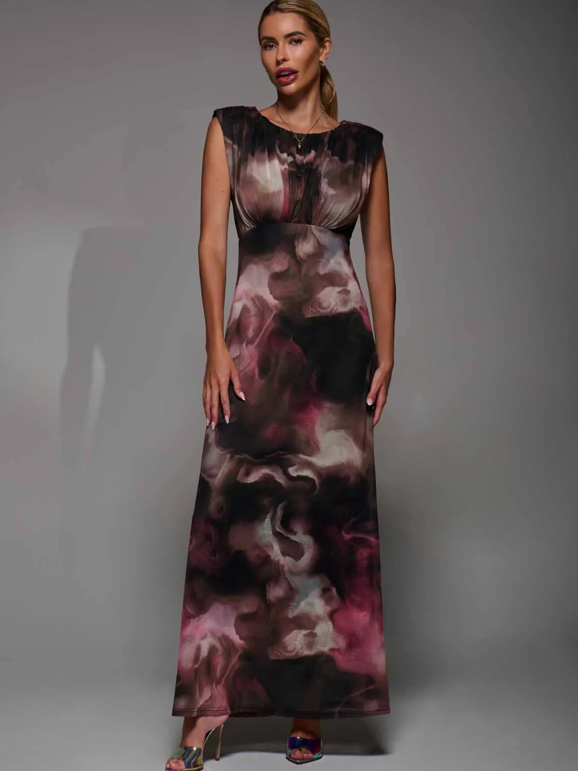 Slash Neck Fit & Flare Mesh Maxi Dress Pink Abstract