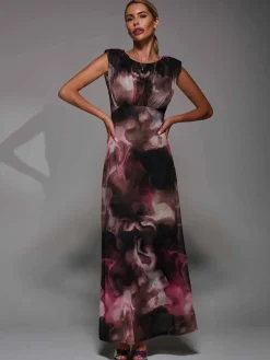 Slash Neck Fit & Flare Mesh Maxi Dress Pink Abstract