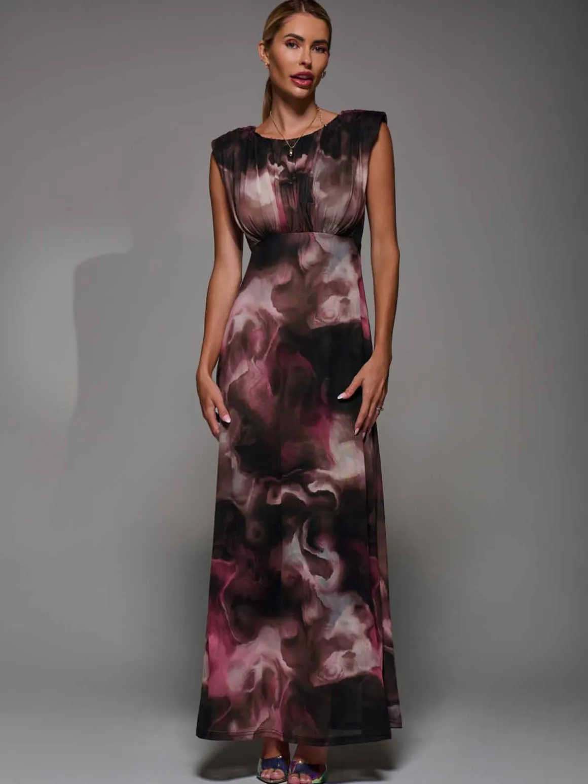 Slash Neck Fit & Flare Mesh Maxi Dress Pink Abstract