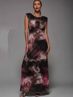 Slash Neck Fit & Flare Mesh Maxi Dress Pink Abstract