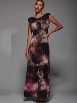 Slash Neck Fit & Flare Mesh Maxi Dress Pink Abstract