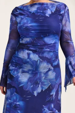 Slash Neck Mesh Maxi Dress, Blue Abstract